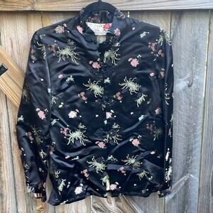 Peony Asian Floral Top Medium Black Long Sleeves